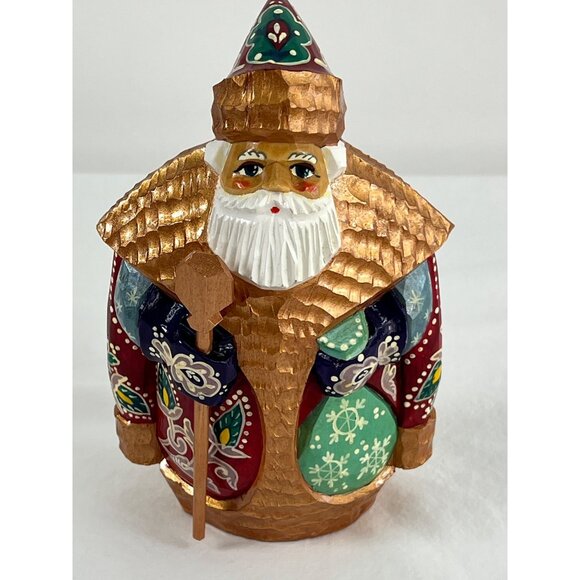 Russian Hand-Carved Wooden Santa Figurine With Staff Hand Painted Signed - Picture 1 of 6